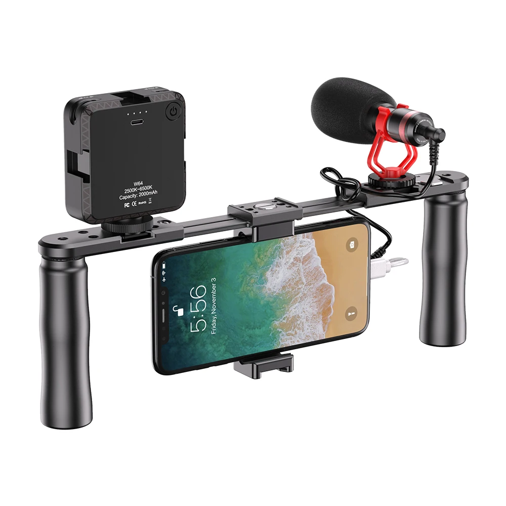 

Apexel Smartphone Video Rig, Phone Video Stabilizer Grip Tripod Mount with LED and microphone for Video-grapher