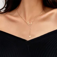 

Minimalist Fashion Rose Gold Plated Stainless Steel Moon Star Long Choker Pendant Necklace