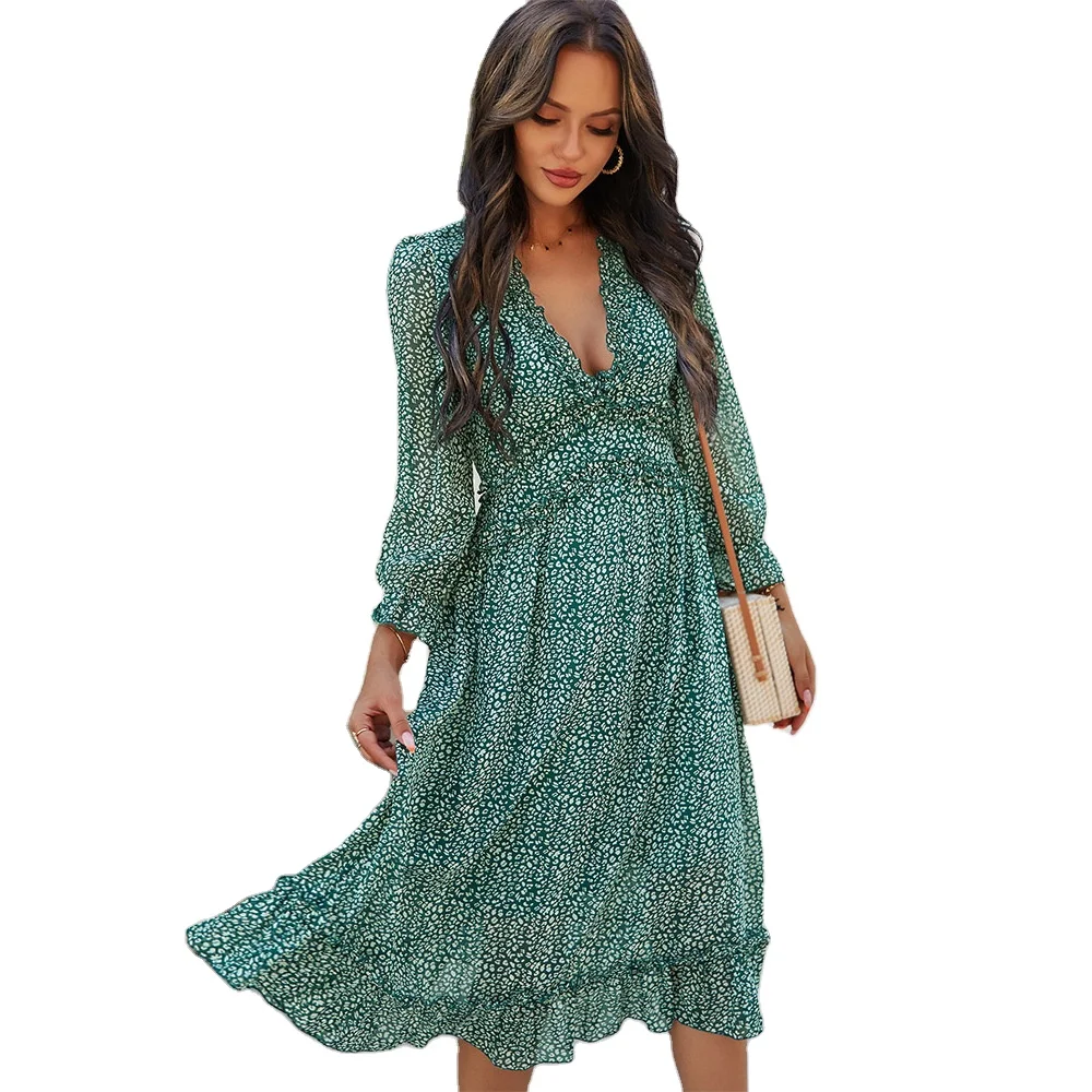

Spring and summer V-neck simple printed dress women