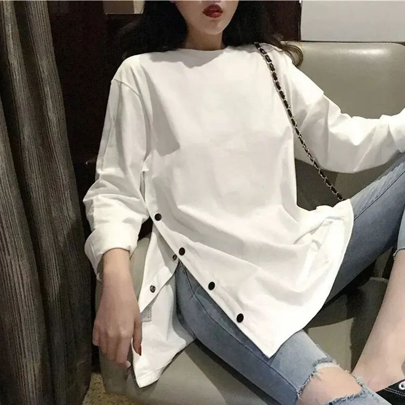 

New Autumn Long Sleeve T-Shirt Women Clothing Plain Tee Shirt Basic Tops Blouse Female High Quantity Side Split Casual Tee Tops