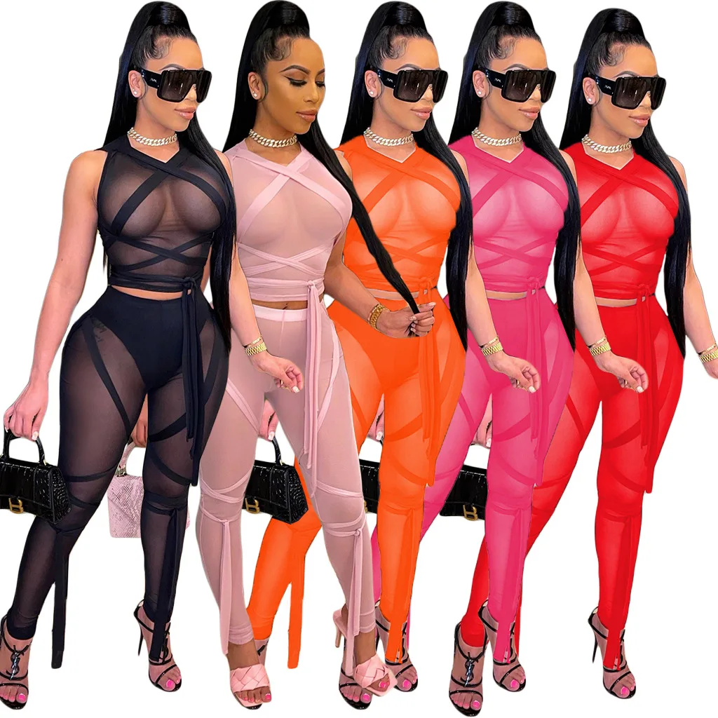 

Amazon Sexy See-Through Strap Solid Color Sleeveless Summer Two Piece Casual Pants Mesh Set Women 2021