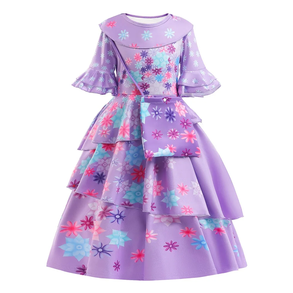 

2022 New Fashion Kids Encanto Costume Isabella Cosplay Flower Printed Daily Wear Dress For Girl With Bag