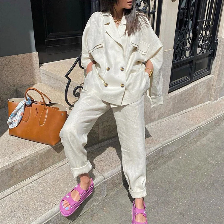 

Female Chic Women Clothing Oversize Blazers Cotton Linen Batwing Sleeve Fashion Breasted Shirt Casual Pants Two Piece Set