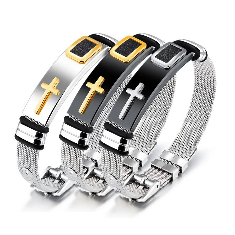 

Wholesale Hot Sale Men's Cross Wristband Bracelet Adjustable Stainless Steel Mesh Bracelet, Picture