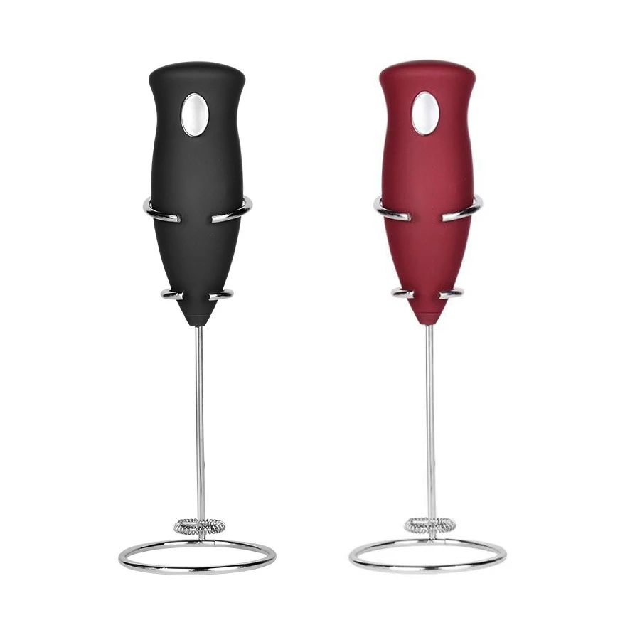 Battery Operated Soft Stainless Steel Coffee Mixer Stirrer Handheld Milk Foam Maker Electric Milk Frother with rack holder, Black / red