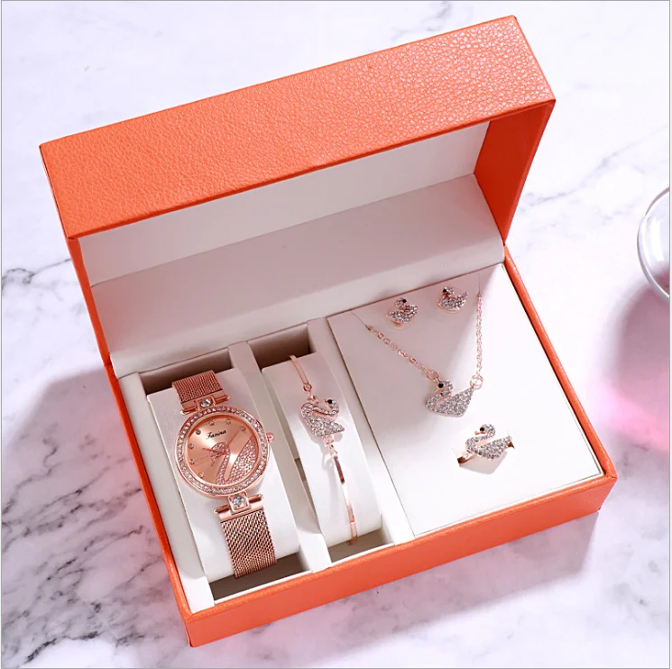 

Women's crystal necklace earrings bracelet jewelry set with watch