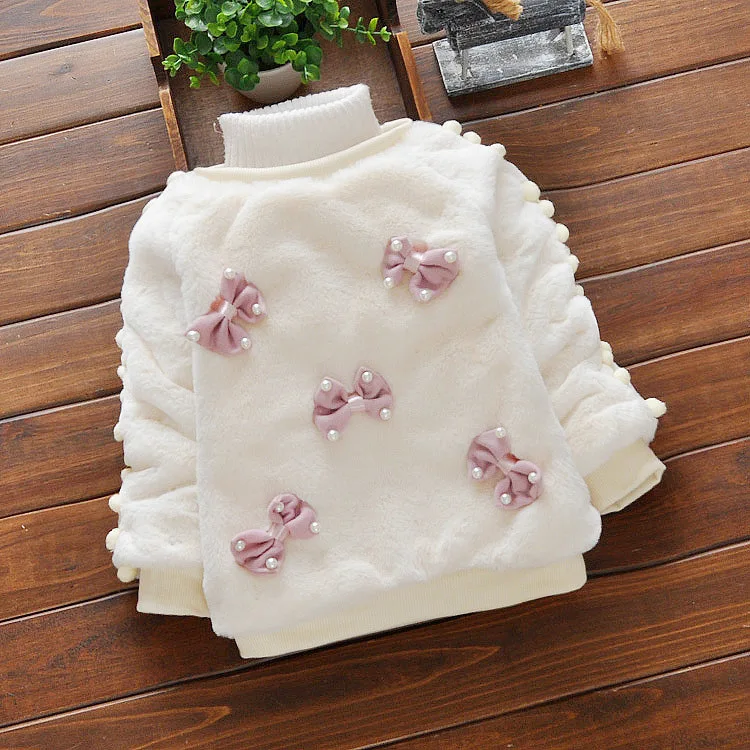 

2021 hot selling Bunny fur sweater Bow pattern cute baby coat sweater winter thick warm baby girl clothes, Red,pink,white