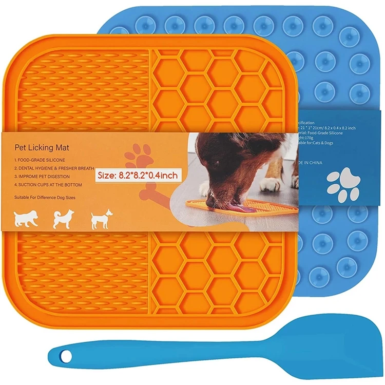

Pet Lick Mat Slower Feeding Pad For Dogs Licky Mat Feeding Cats Dogs Licking Mats Pet Bathing Distraction Pad Silicone Dispenser, Blue and orange