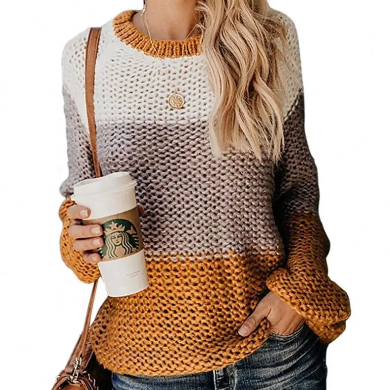 
Amazon Top Seller Womens Color Block Oversized Sweaters Striped Long Sleeve Knitted Pullover Jumper 