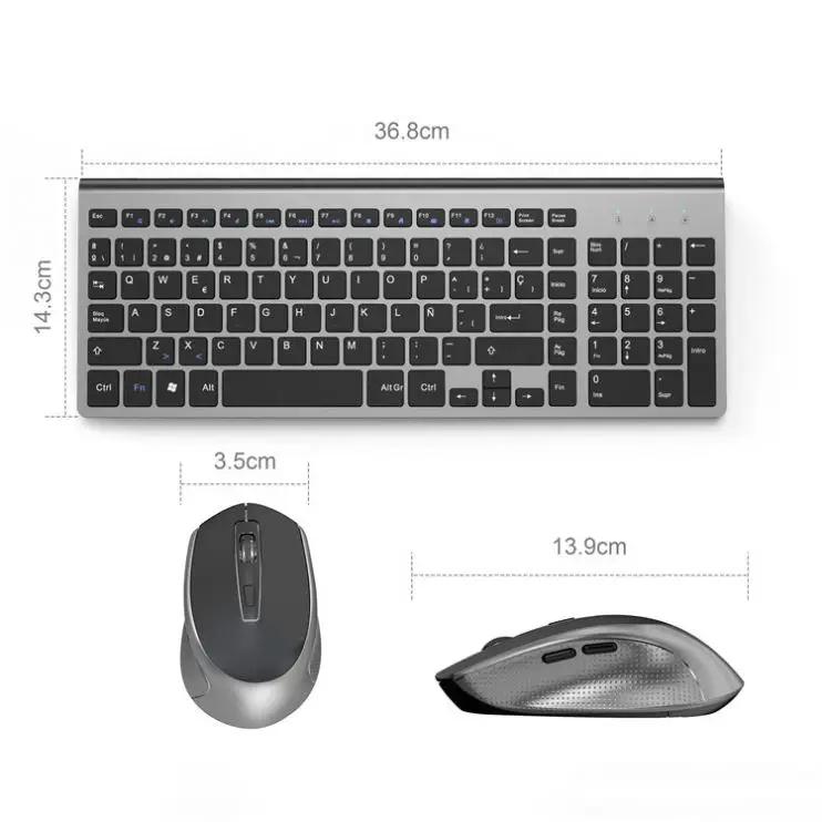 

USB 2.4G Ergonomics Wireless Spanish Keyboard Mouse combos for Office/Home Mute PC Keyboard Mouse Set, Gray silver