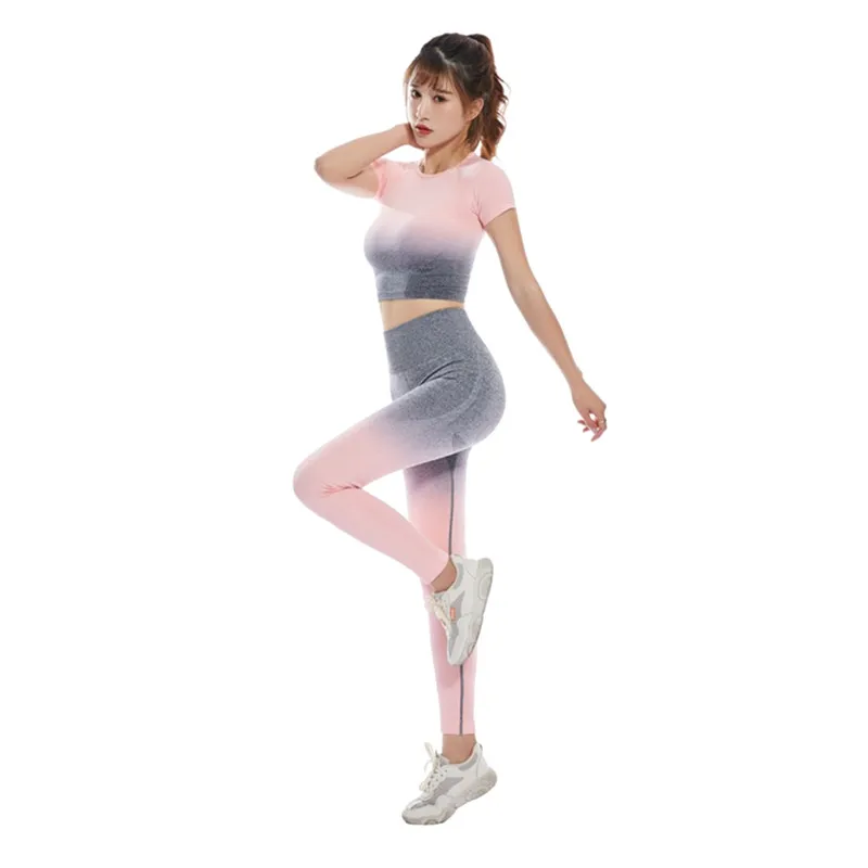 Womens seamless ombre 2 pieces set fitness gym yoga wear with t-shirt and legging sport active wear