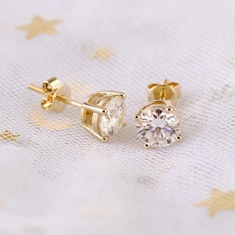 

Stylish 9k yellow gold stud earrings with 1ct round cut moissanite diamond