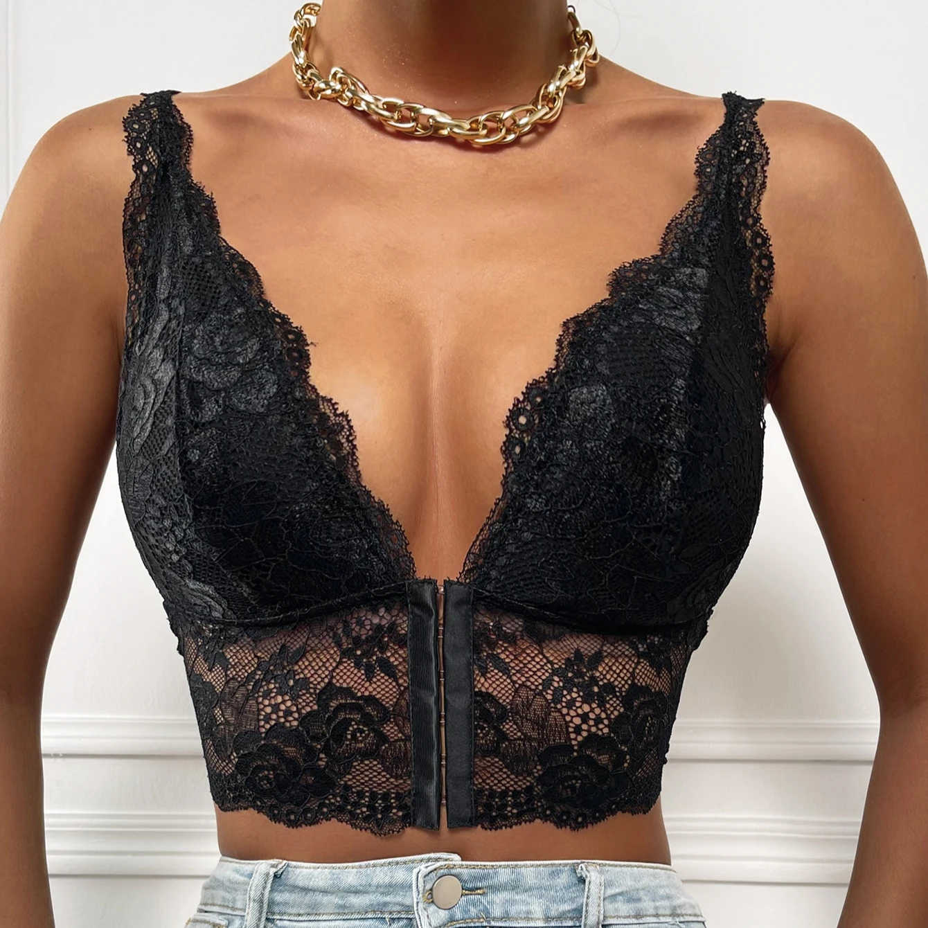 

Sexy Women Breasted Hollowed out Lace Crop Top Sleeveless Streetwear Y2k Deep-V Tops, Black