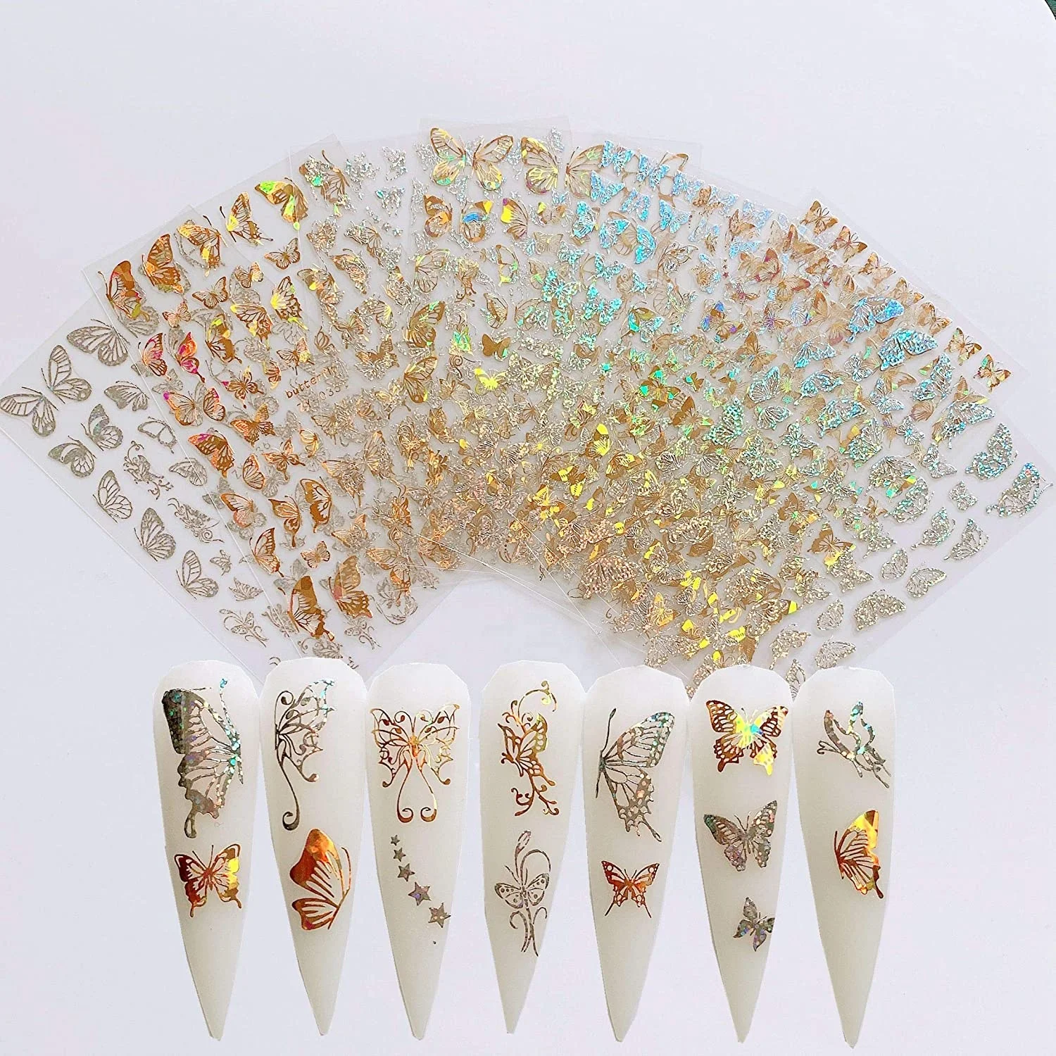 

2021 New Design Different Laser Gold and Silver Color Butterfly Shapes Nail Art Decoration Nail Art Adhesive Sticker