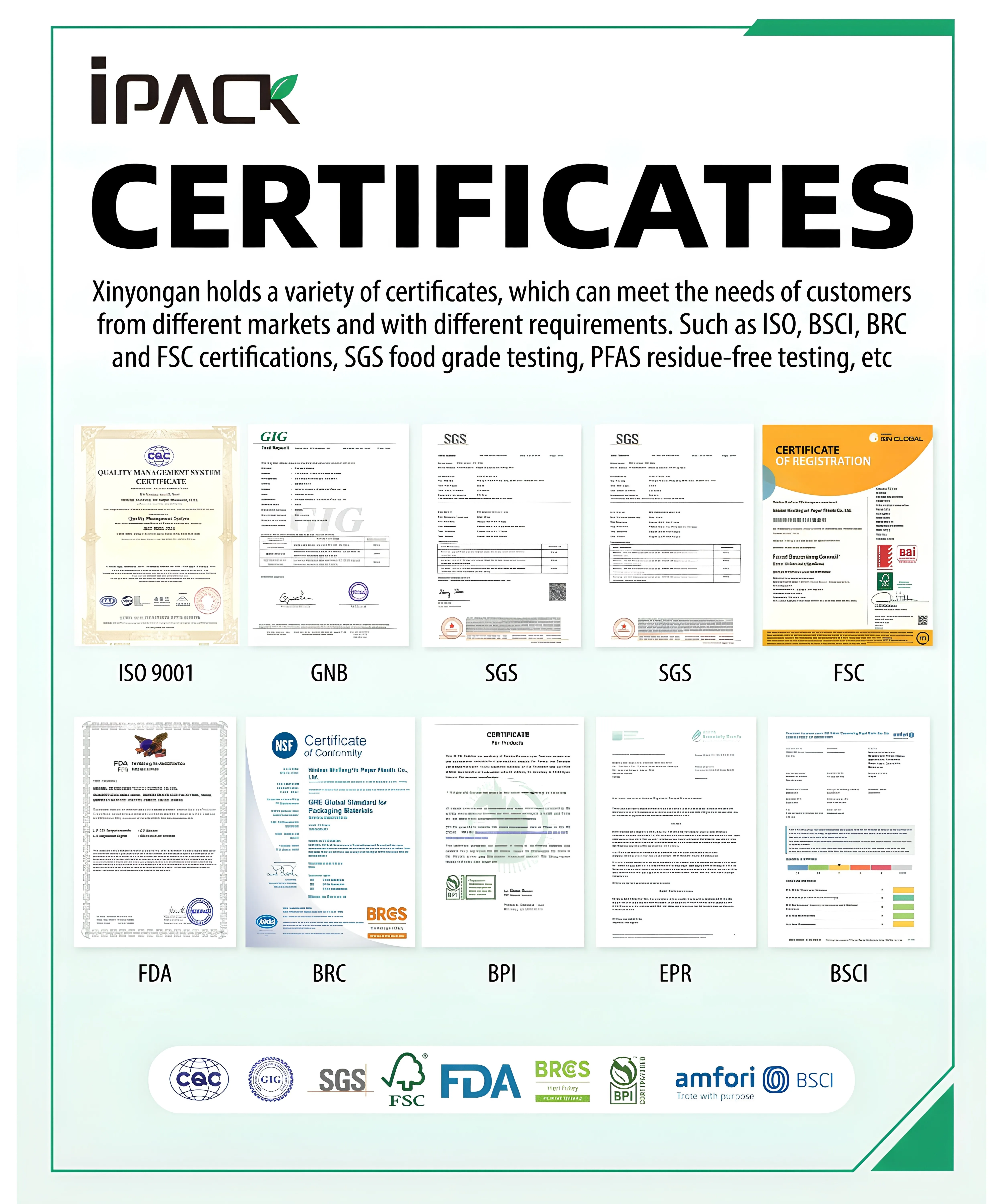 IPACK certificates - ISO 9001, FSC, FDA, SGS, BRC, BSCI, BPI and EPR