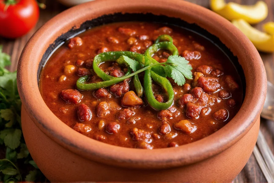 Traditional Santa Fe chili simmering in a clay pot with roasted green chilies and fresh ingredients arranged around it