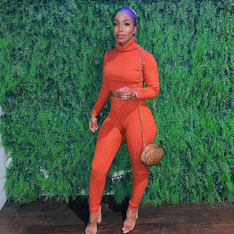 

Women Leisure Wear Clothing Pure Color Casual Womens Long Sleeve Joggers Suits sets Turtleneck Crop Two Piece Sweater Set Sets, Orange