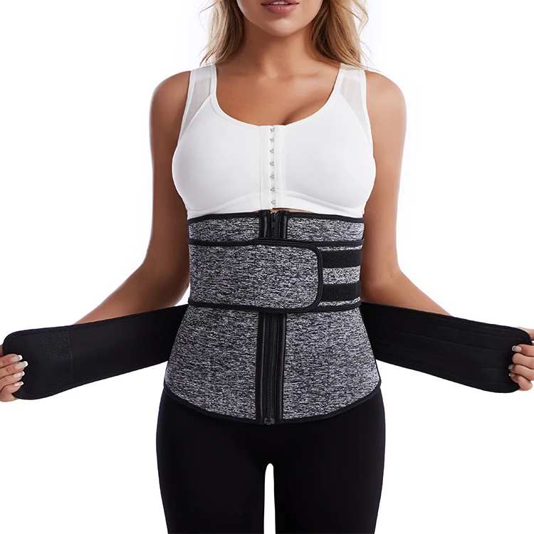 

New Printing Logo Private Label Women Body Shaper Slimming Workout Compression Double Belt Neoprene Waist Trainer, Gray