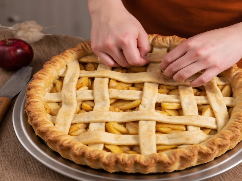 Hands weaving lattice crust on apple pie