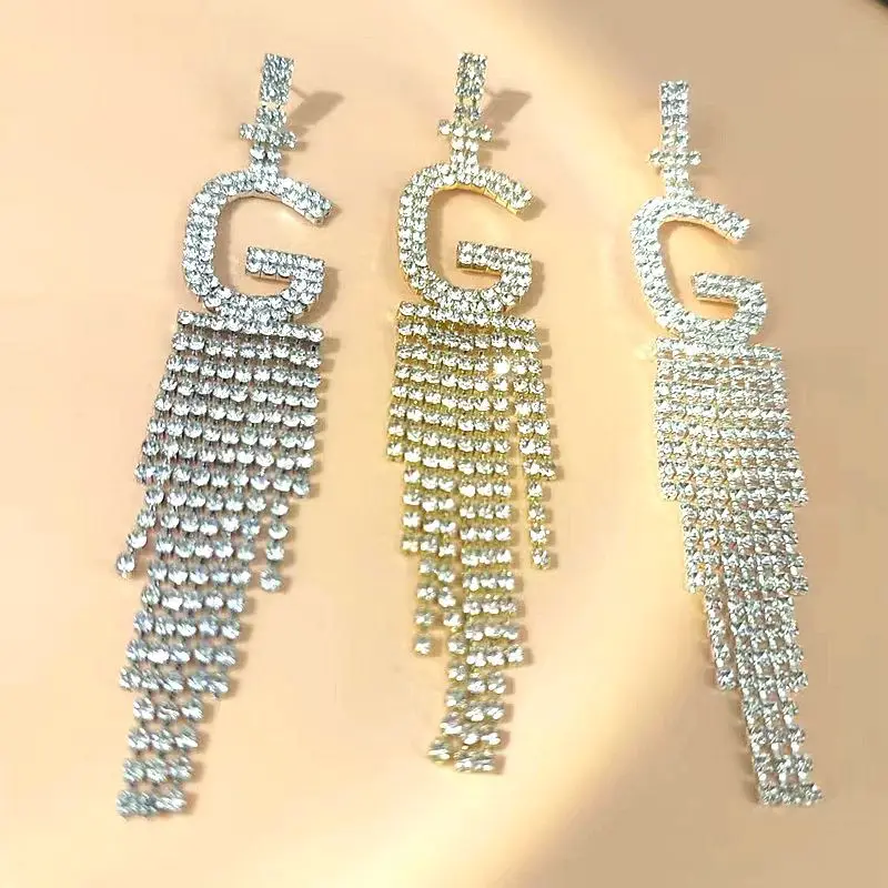 Hot Sale Shiny Exaggerate Tassel 26 Letters Rhinestone Earrings Women Fashion Alphabet Party Earrings Jewelry For Gift