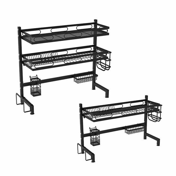 

High Quality Wholesale Custom Cheap Can Organizer Storage Kitchen 2 Tier Shelves Steel Plate Rack Drainer, Black