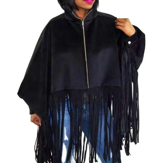 

2022 new hot selling fashion solid color long sleeve tassel top large top women's 4XL zipper style black