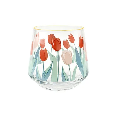 

wholesale single layer transparent tulip print juice coffee glass cup