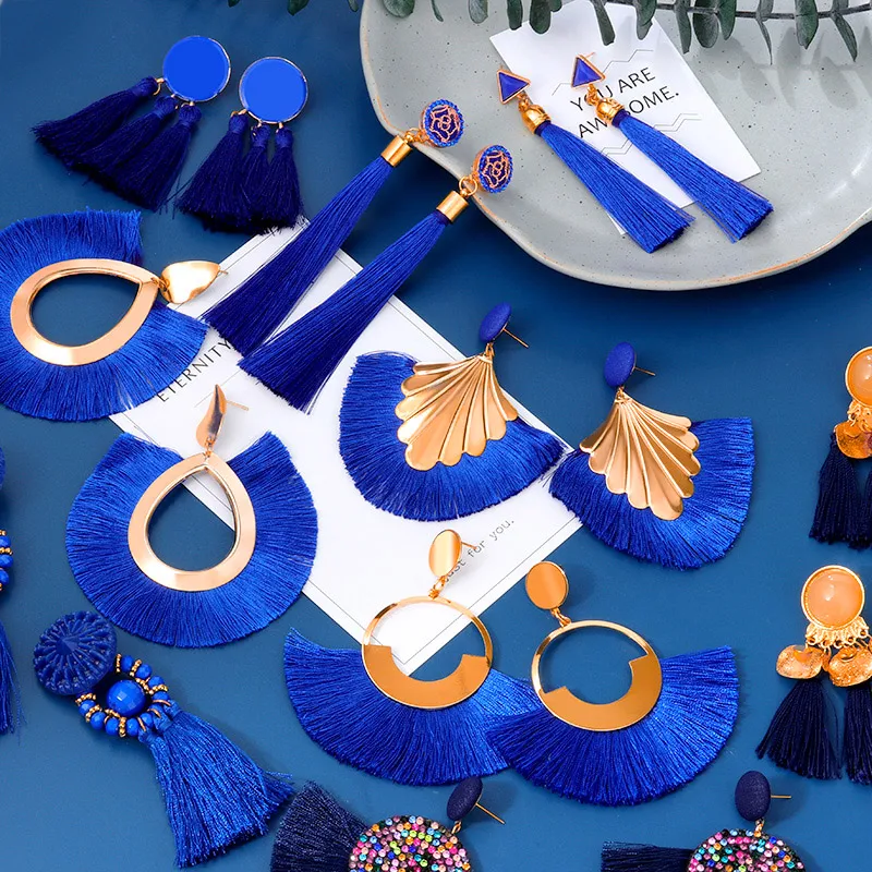 

Bohemian Tassel Earrings Blue Black Red Geometric Cotton Silk Fringe Big Dangle Earrings For Women 2020 Fashion Female Jewelry, Customized color