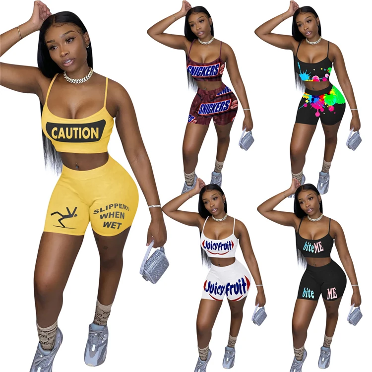 

Plus Size Women Two Piece Set Digital Spoof Pattern Printing Hot Pants Sexy Bike Sweet Candy Shorts Pants Snack Shorts Set, As picture