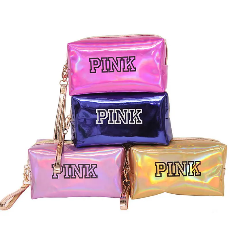 

Wholesale Pink Holographic beautiful laser fashion zipper makeup pouch Waterproof women Travel cosmetic bag, Customized color