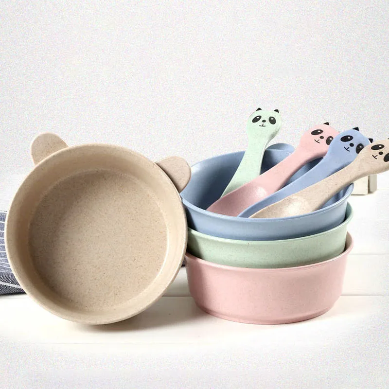

Wholesale Dinnerware Kitchen Items Panda Cartoon Bowls Eco Friendly Cutlery Matching Spoons Kids Plastic Wheat Straw Bowls, Pink,blue,beige,green