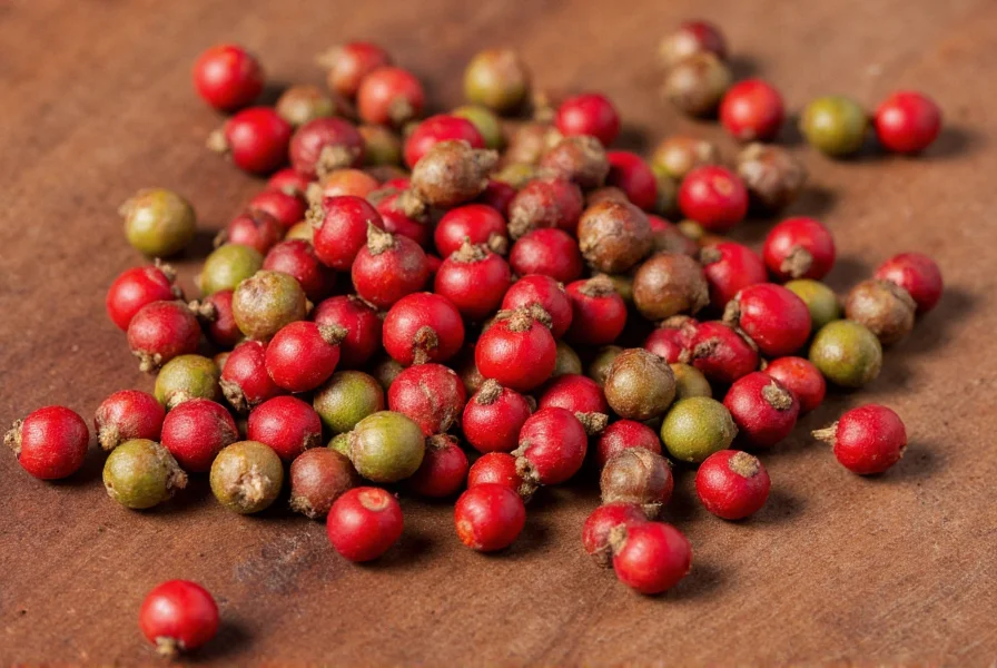 Close-up of red and green Sichuan peppercorns on wooden background showing their distinctive berry husks