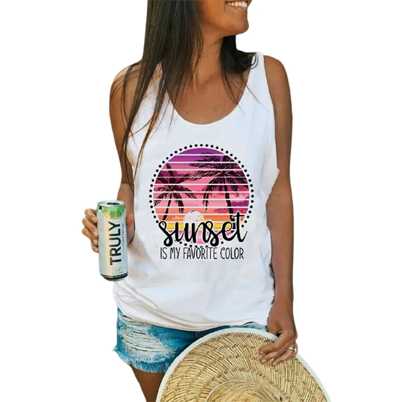 

2021 Print Tank Tops Sunset Print Casual Loose Camisole Sleeveless Graphic Tops For Women