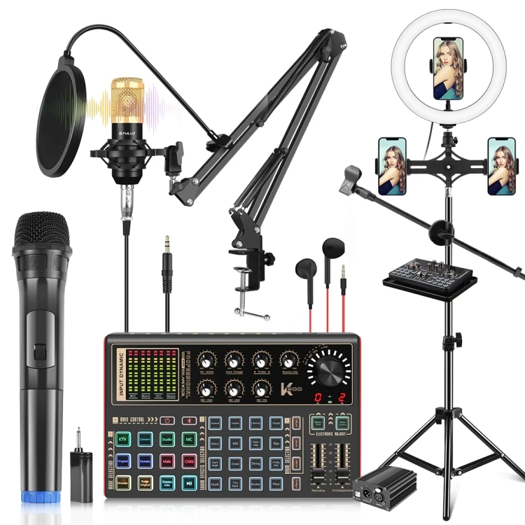 

Professional Studio Recording Equipment Blogger Live Sound Card Mixer & Multiple Microphone Set & LED Ring Light Tripod Holder