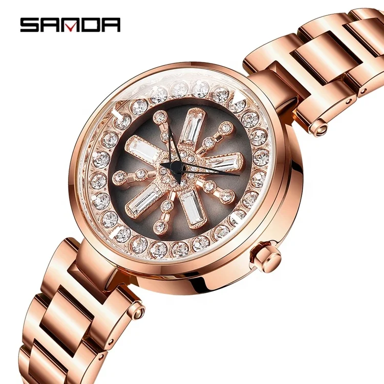 

SANDA Fashion Women Watches 360 Degree Flowers Rotating Waterproof Stainless Steel Strap Quartz Watch