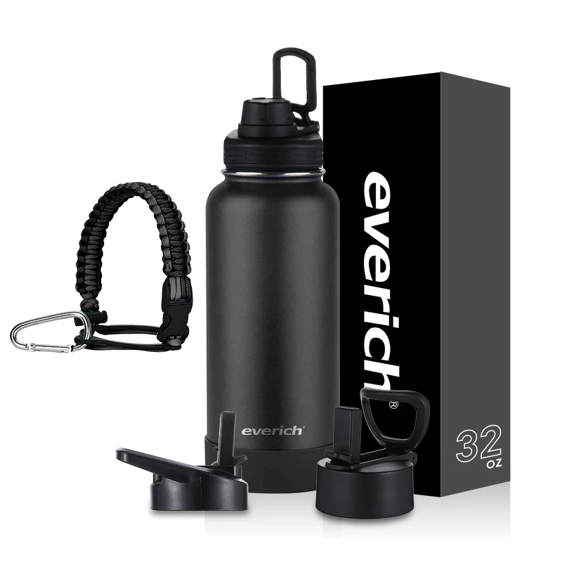 

Stainless Water Bottle with 2 Lids & 2 Straws 32oz Vacuum Flask Wide Mouth Sports Water Bottle for Hiking Biking Sport