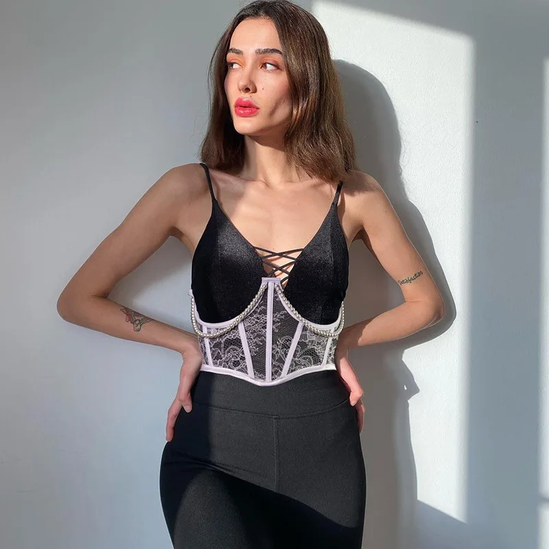 

Lady Fashion Clothing Pearl Decor Tie-Wrap Sleeveless Corset Top Slimming Corsets Top Women Sexy -CY, White