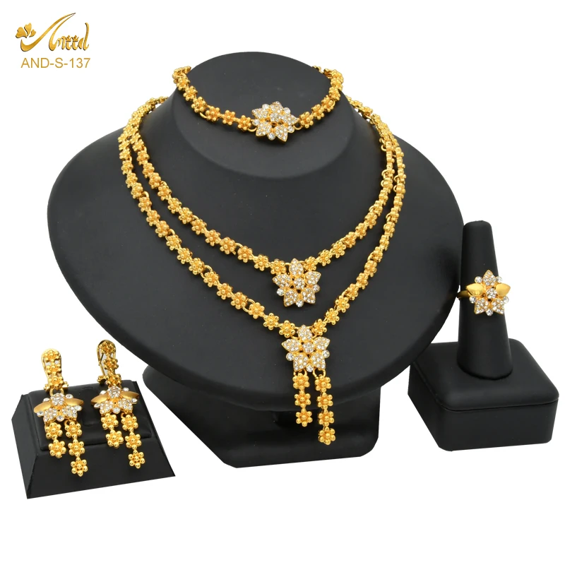 

Gold Plated Necklace Filled Polynesian Jewelry Set For Women 24K Collars African Arabic Ring Chandelier Earrings Jewelry Sets