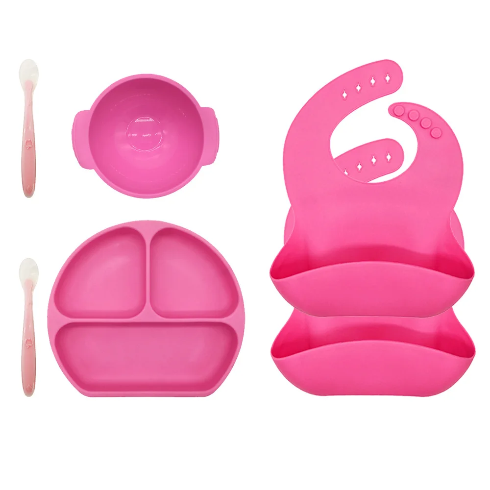 

2021 hot sale Cute Silicone baby feeding tableware 6pcs set Toddler Plates Suction Bowls Silicone Bibs Soft Spoons high quality