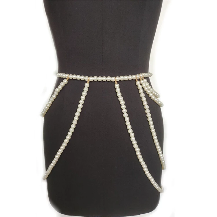 

European and American ins2020 cross-border foreign trade nightclub personality big pearl chain waist chain skirt jewelry, Silver,gold