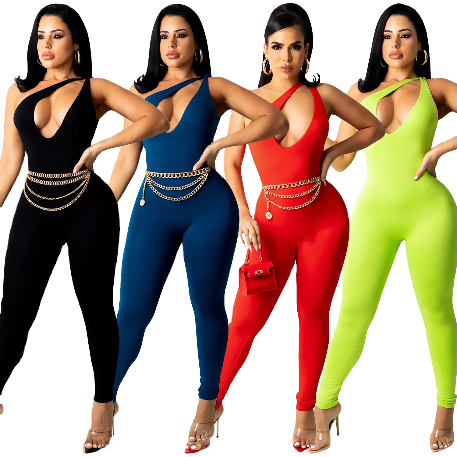 

Women Notched Bodycon Bodysuit Sexy Rompers Clubwear Playsuit Cut Out Skinny Long Pants Jumpsuits