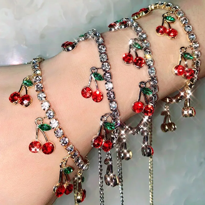 

Bling Bling Full CZ Diamond Tennis chain Cherry Pendant Anklet Bracelet Sparkling Crystal Rhinestone Cherry Charm Bracelets