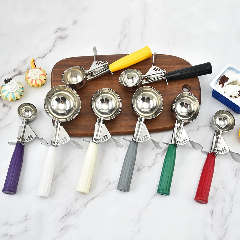 

C268 Factory Wholesale Ice Cream Scoop Fruit Ice Ball Maker Spoon Stainless Steel Ice Cream Scoop With Colorful Plastic Handle