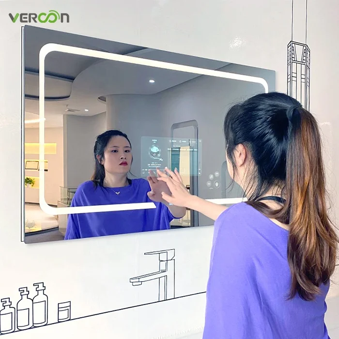 

Modern style rectangular time and temperature display touch screen mirror led defogging bathroom smart mirror