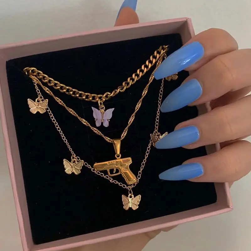 

Gold Plated Aolly Chain Gun Butterfly Necklace Multi Layer Jewelry Butterfly Pendant Necklace, Gold colors