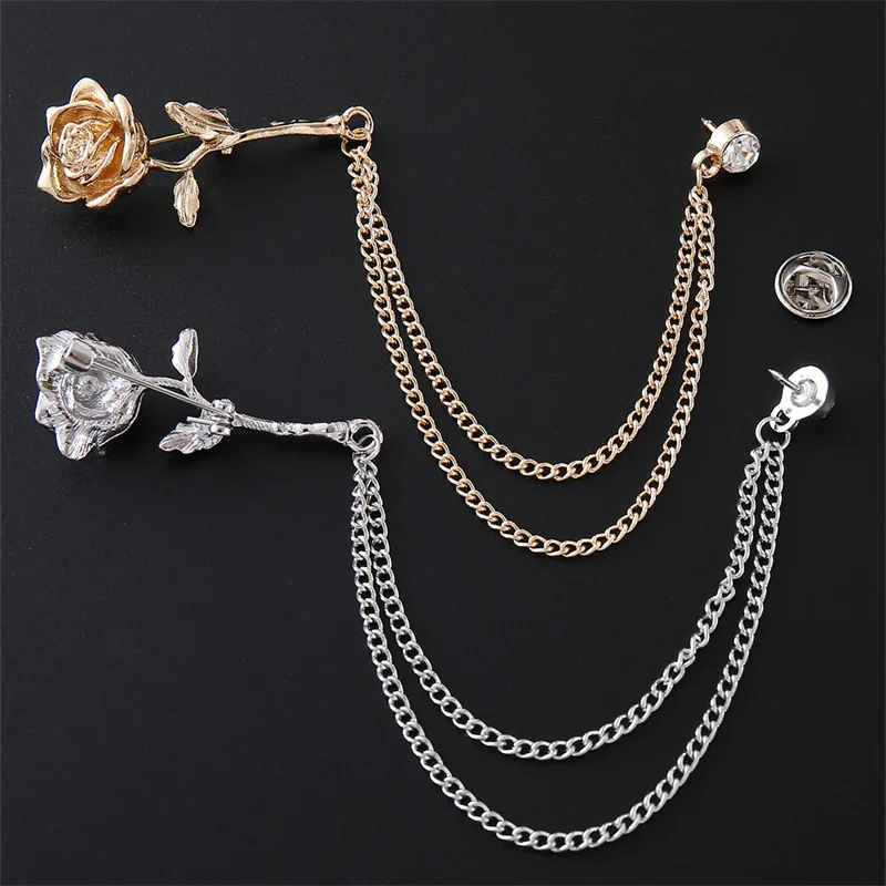 High-End Men's Business Suit Accessory Personalities Rose Shape Brooch with Chain Collar Pin Fashion Brooches