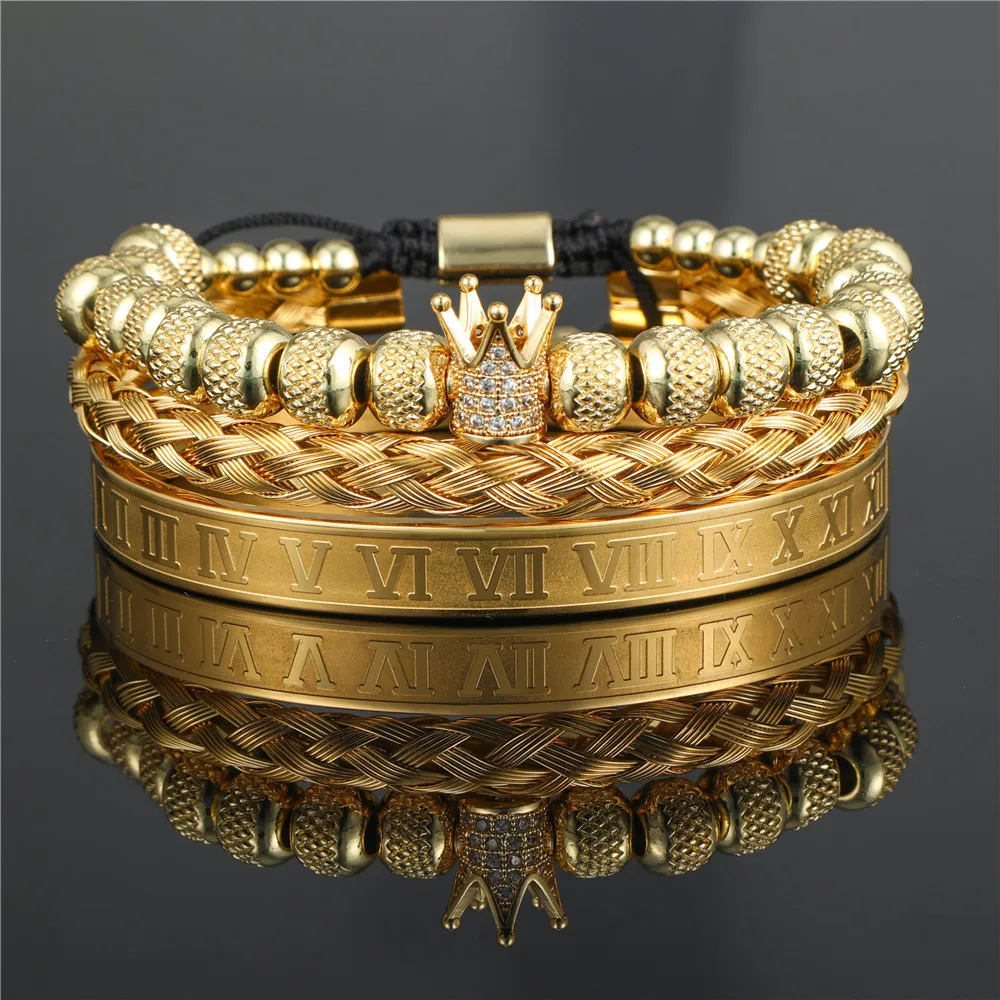 

European Punk Luxury Men's Crown Handmade Bracelet Set 18K Gold Stainless Steel Roman Bangle Royal Crown Bracelet Set