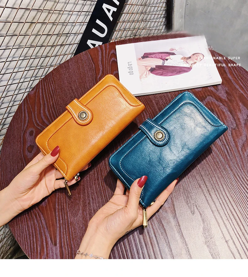 Mw007 Fashion Vintage Oil Wax Long Leather Ladies Luxury Designer Women Wallets For Women