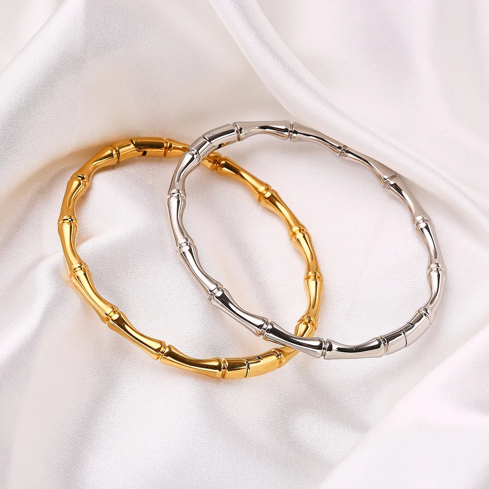 

Minimalist Dainty Bamboo Bangles PVD Gold Plated Bracelets Stainless Steel Plain Bangle&Bracelet For Women