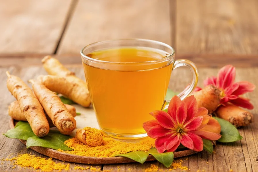 Golden turmeric tea in a ceramic mug with fresh turmeric root and ginger